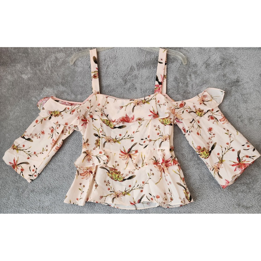 Rachel Zoe Shirt Womens Size 8 Pink Floral Cold Shoulder Ruffle Bell Sleeve Top